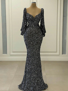Chic Mermaid Black Long Sleeve Prom Dresses Glitter Sequins Evening Dresses SEW0185|Selinadress