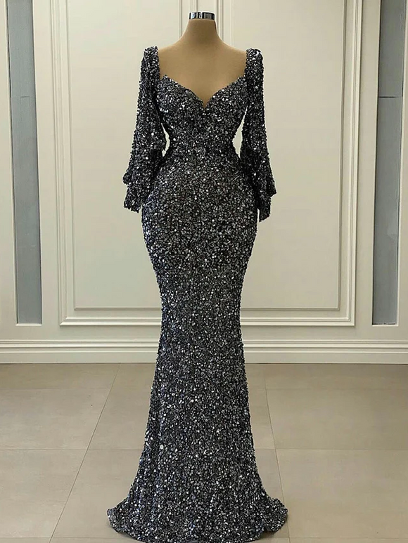 Chic Mermaid Black Long Sleeve Prom Dresses Glitter Sequins Evening Dresses SEW0185|Selinadress