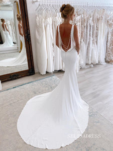 Chic Mermaid Deep V neck White Wedding Dress Rustic Bridal Dresses lpk125|Selinadress