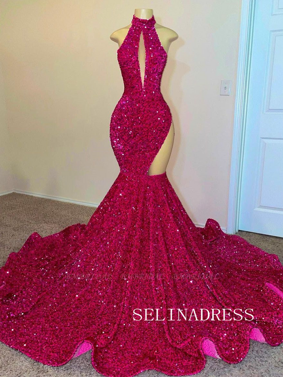 Chic Mermaid High Neck African Prom Dresses Fuchsia Sequins Long Evening Dress TKH007|Selinadress