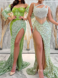 Chic Mermaid Long Prom Dresses Tulle Sage Sequins Evening Gowns sew0303|Selinadress