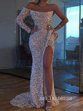 Chic Mermaid Long Sleeve Evening Prom Gowns Glitter Long Split Elegant Evening Dress SEW0163|Selinadress