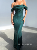 Chic Mermaid Off-the-shoulder Evening Gowns Glitter Dark Green Evening Dress SEW0166|Selinadress