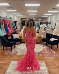 Chic Mermaid Off-the-shoulder Hot Pink Long Prom Dresses Elegant Formal Evening Gowns CRN032|Selinadress