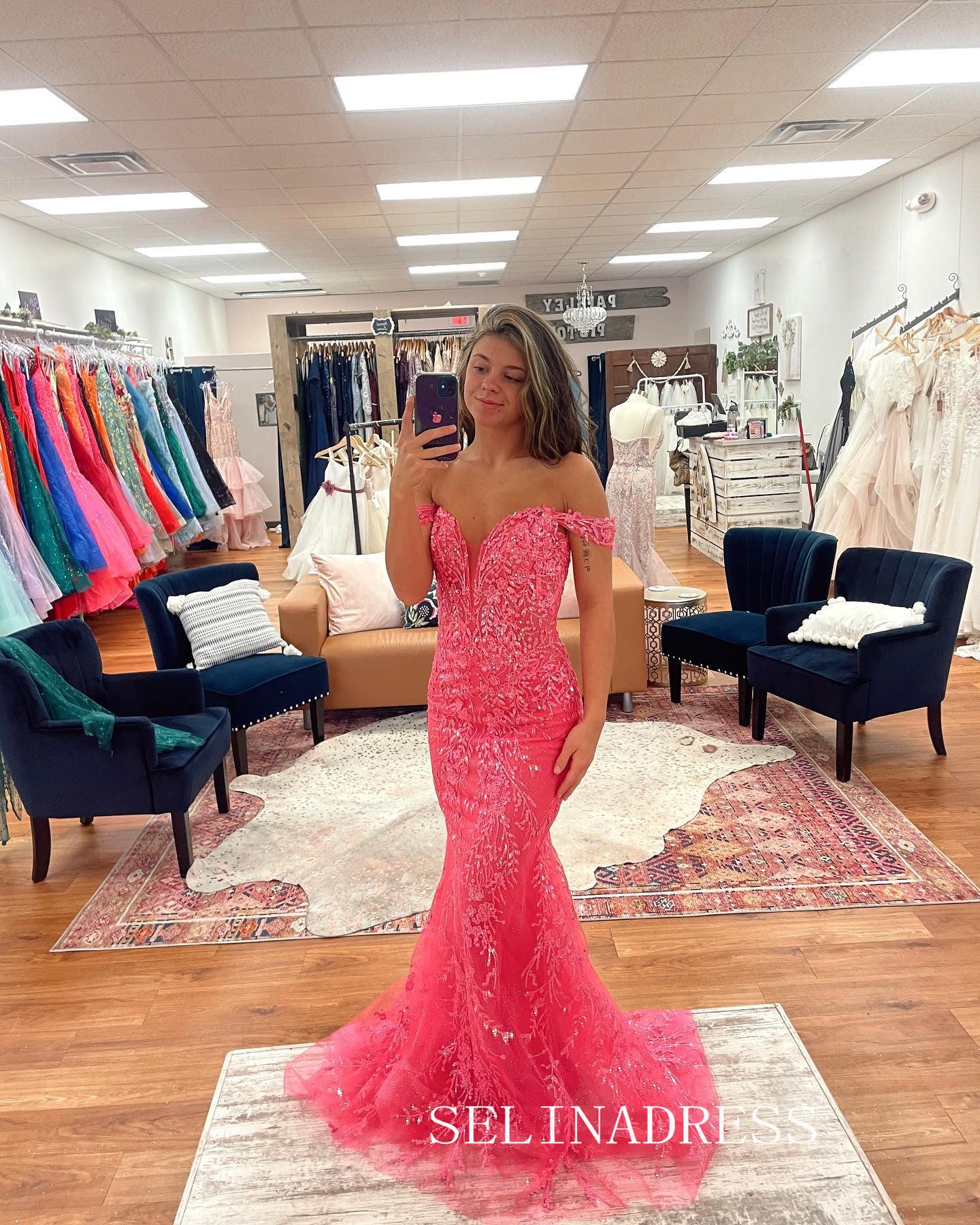 Chic Mermaid Off-the-shoulder Hot Pink Long Prom Dresses Elegant Formal Evening Gowns CRN032|Selinadress