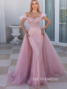 Chic Mermaid Off-the-shoulder Pink Evening Gowns With Beaded Feather Evening Dress SEW0168|Selinadress