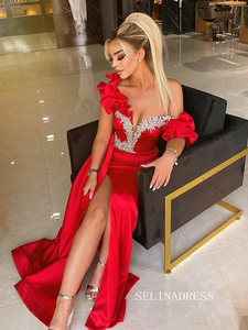 Chic Mermaid Off-the-shoulder Red Long Prom Dresses Cheap Evening Dress SEW0184|Selinadress