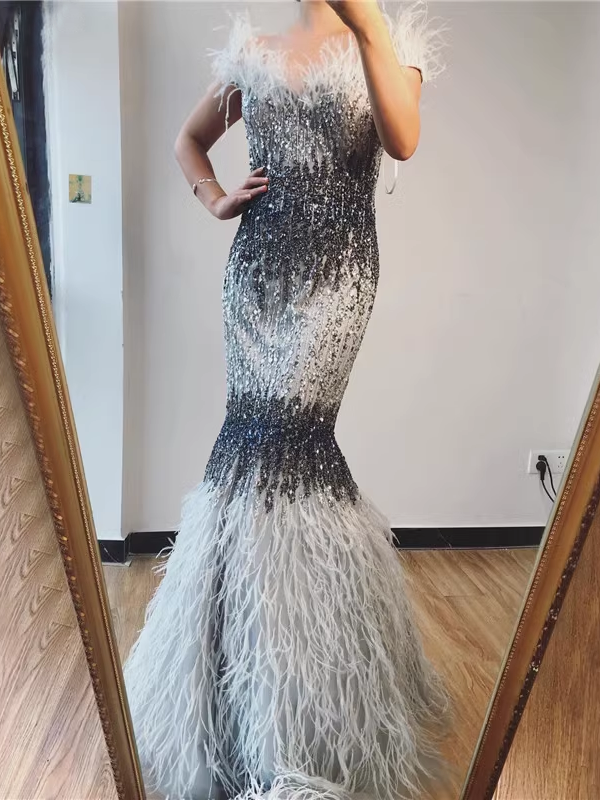 Chic Mermaid Off-the-shoulder Silver Beaded Long Prom Dresses Elegant Evening Dress sew03373 Chic Mermaid Off-the-shoulder Silver Beaded Long Prom Dresses Elegant Evening Dress sew03373