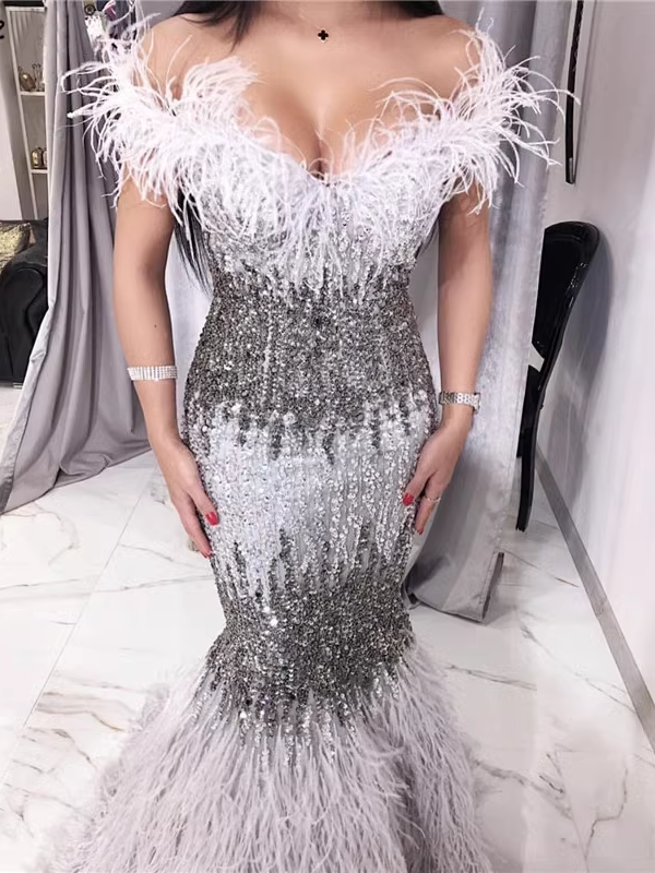 Chic Mermaid Off-the-shoulder Silver Beaded Long Prom Dresses Elegant Evening Dress sew03373 Chic Mermaid Off-the-shoulder Silver Beaded Long Prom Dresses Elegant Evening Dress sew03373