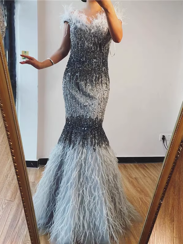 Chic Mermaid Off-the-shoulder Silver Beaded Long Prom Dresses Elegant Evening Dress sew03373 Chic Mermaid Off-the-shoulder Silver Beaded Long Prom Dresses Elegant Evening Dress sew03373