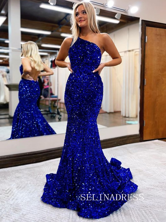 Chic Mermaid One Shoulder Glitter Evening Prom Gowns Royal Blue Elegant Evening Dress SEW0164|Selinadress