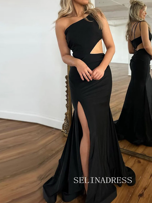 Chic Mermaid One Shoulder Long Prom Dresses Elegant Black Evening Formal Gowns SEW0176|Selinadress