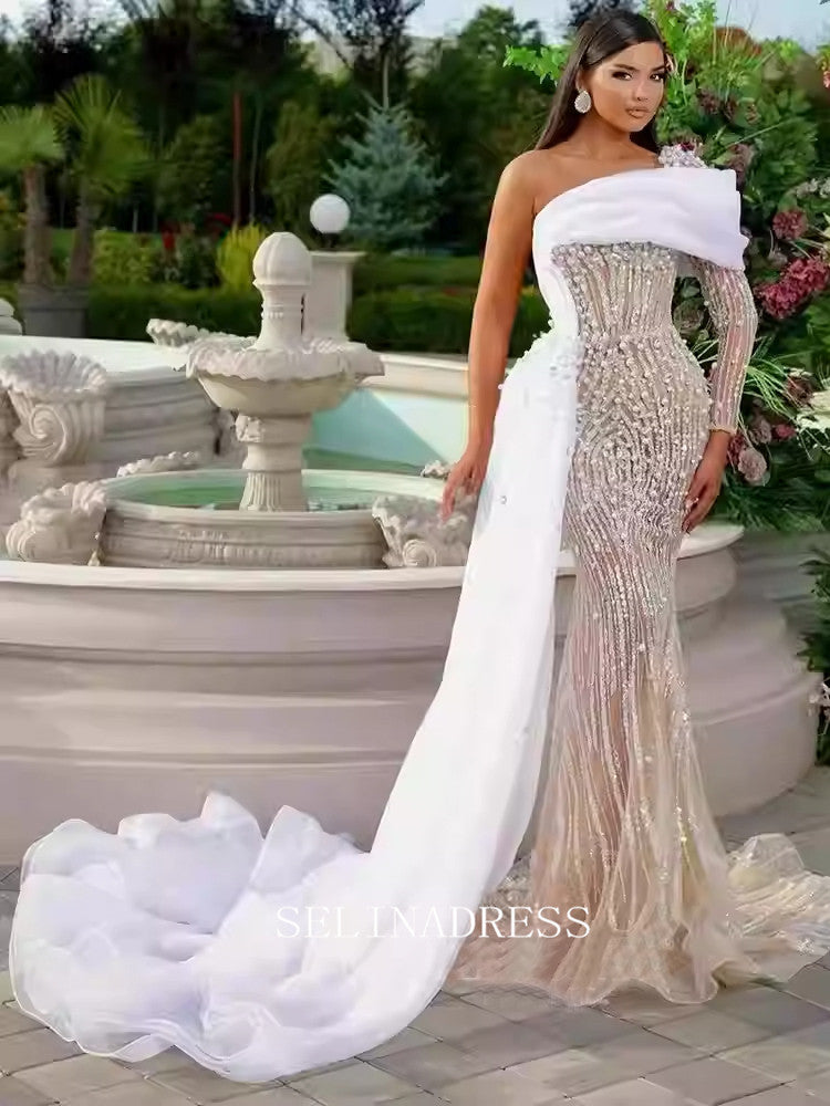 Chic Mermaid One Shoulder Long Sleeve Prom Dresses Elegant Beaded Even SELINADRESS Chic Mermaid One Shoulder Long Sleeve Prom Dresses Elegant Beaded Even SELINADRESS