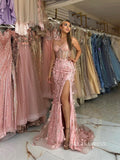 Chic Mermaid One Shoulder Pink Long Prom Dresses Elegant 3D Flower Evening Dress sew03351|Selinadress