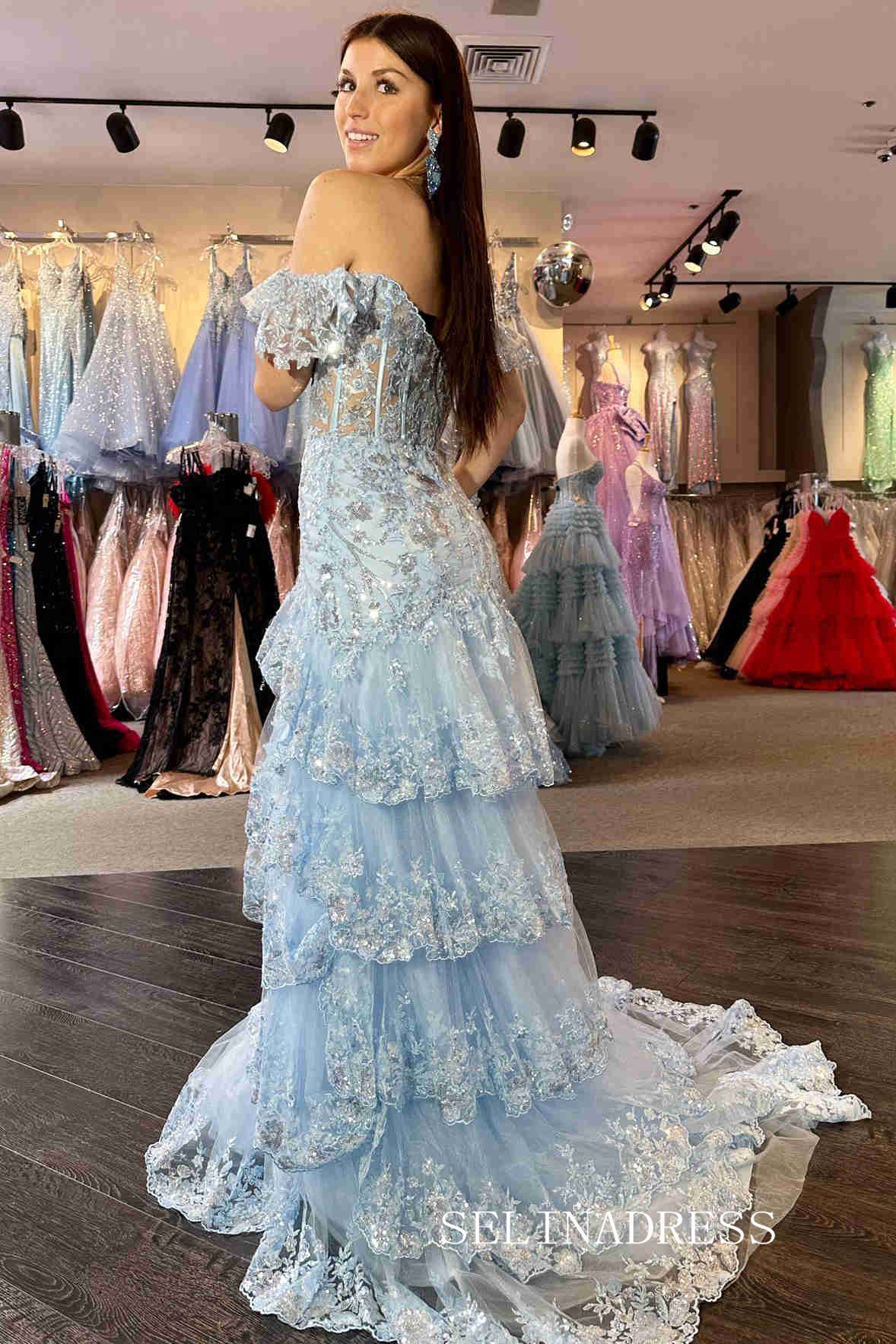 Chic Mermaid Pink Lace Long Prom Dresses Layered Long Evening Dress #TKL203 Chic Mermaid Pink Lace Long Prom Dresses Layered Long Evening Dress #TKL203
