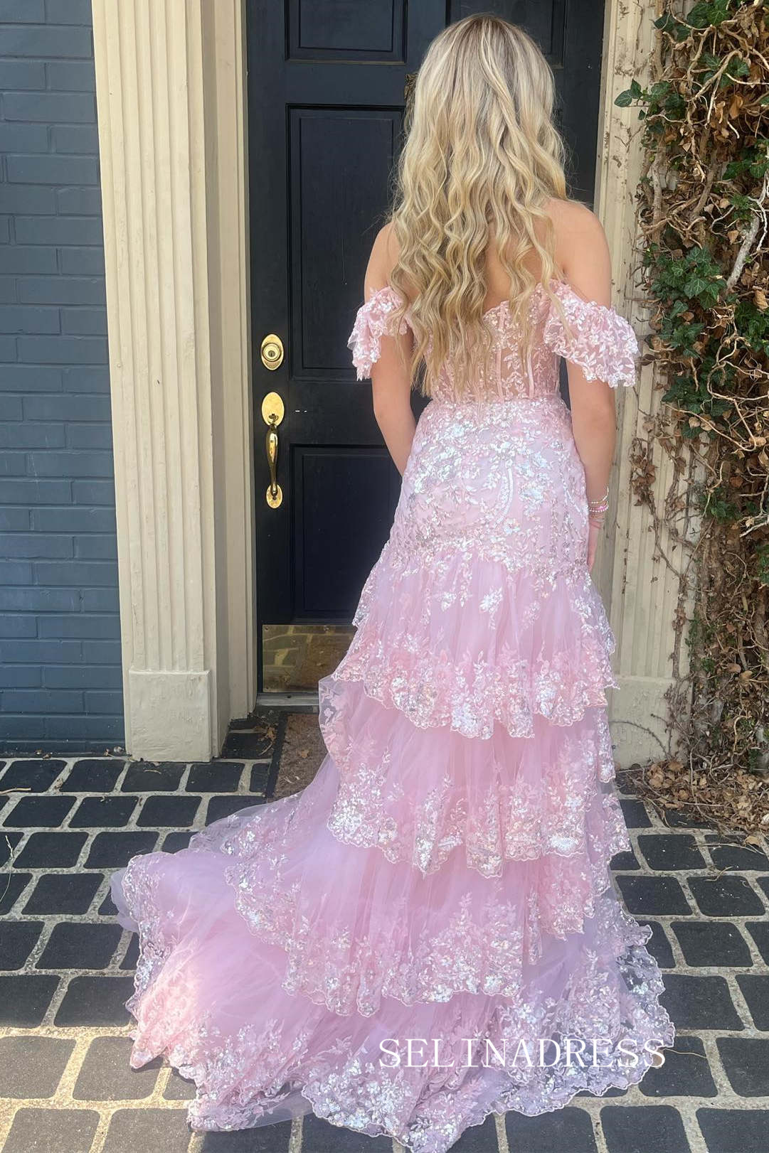 Chic Mermaid Pink Lace Long Prom Dresses Layered Long Evening Dress #T SELINADRESS Chic Mermaid Pink Lace Long Prom Dresses Layered Long Evening Dress #T SELINADRESS