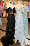Chic Mermaid Pink Lace Long Prom Dresses Layered Long Evening Dress #TKL203|Selinadress