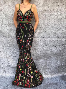 Chic Mermaid Spaghetti Straps 3D Floral Long Prom Dresses Black Evening Formal Dresses KTS053|Selinadress