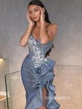 Chic Mermaid Spaghetti Straps High Split Long Prom Dresses Glitter Evening Dress SEW0183|Selinadress