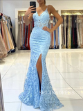 Chic Mermaid Spaghetti Straps Lace Long Prom Dresses Sky Blue Evening Dress TKH024|Selinadress