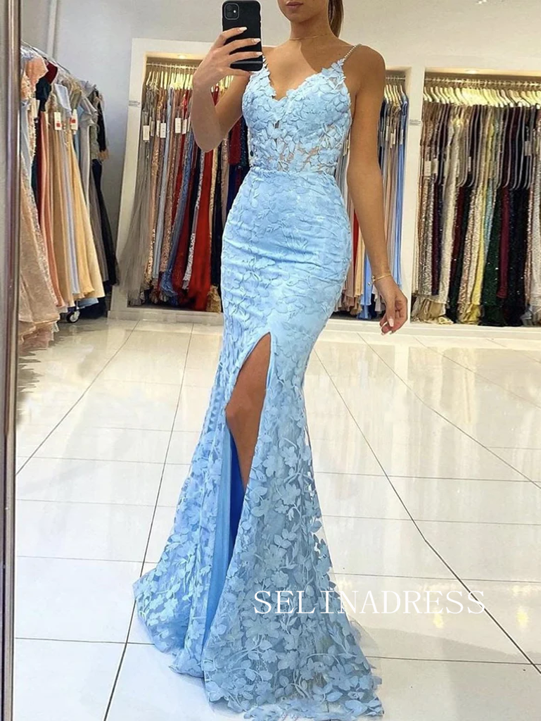 Chic Mermaid Spaghetti Straps Lace Long Prom Dresses Sky Blue Evening SELINADRESS Chic Mermaid Spaghetti Straps Lace Long Prom Dresses Sky Blue Evening SELINADRESS