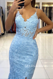 Chic Mermaid Spaghetti Straps Lace Long Prom Dresses Sky Blue Evening Dress TKH024|Selinadress