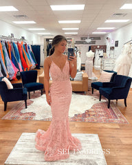 Chic Mermaid Spaghetti Straps Long Prom Dresses Elegant Lace Evening Gowns CRN038|Selinadress