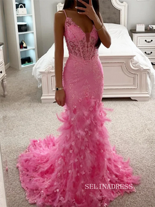 Chic Mermaid Spaghetti Straps Long Prom Dresses Pink Feather Elegantt Evening Dress sew0212|Selinadress
