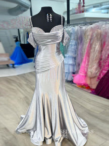 Chic Sheath/Column Spaghetti Straps Long Prom Dresses Silver Evening Party Dress sew0205|Selinadress