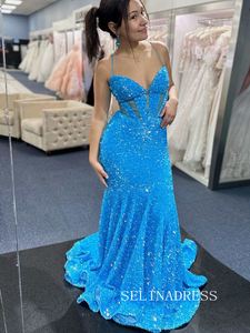 Chic Mermaid Spaghetti Straps Sequins Long Prom Dresses Blue Evening Dress SEW0160|Selinadress
