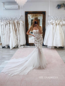 Chic Mermaid Strapless 3D Flower Lace Wedding Dress Rustic Bridal Dresses lpk122|Selinadress