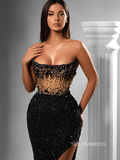 Chic Mermaid Strapless Black Long Prom Dresses Beaded Evening Dress sew0336|Selinadress