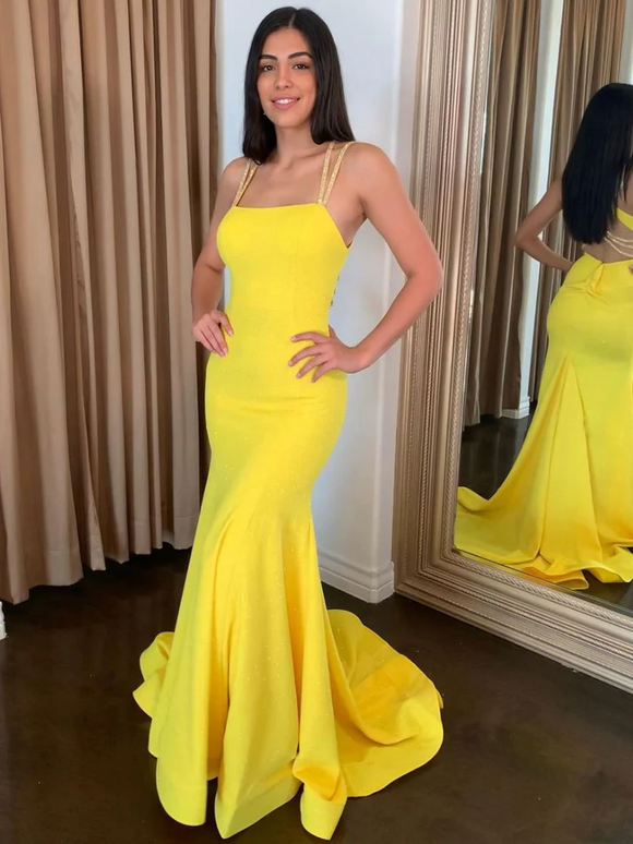 Chic Mermaid Straps Long Prom Dresses Elegant Yellow Evening Formal Gowns SEW0178|Selinadress
