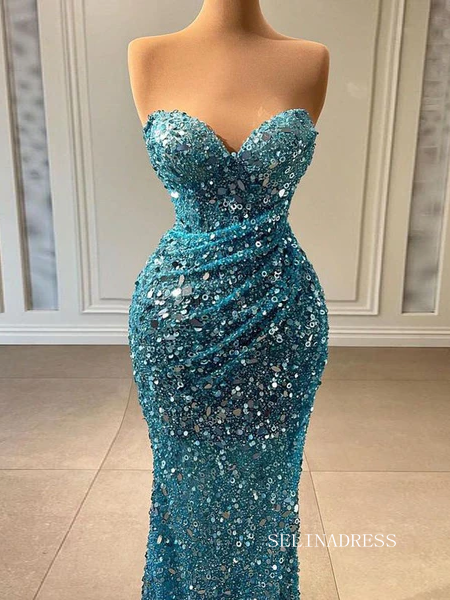 Chic Mermaid Sweetheart Blue Long Prom Dresses Elegant Beaded Evening SELINADRESS Chic Mermaid Sweetheart Blue Long Prom Dresses Elegant Beaded Evening SELINADRESS
