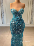 Chic Mermaid Sweetheart Blue Long Prom Dresses Elegant Beaded Evening Dress sew03341|Selinadress