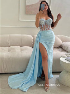 Chic Mermaid Sweetheart Light Sky Blue Long Prom Dresses Cheap Evening Dress SEW0202|Selinadress