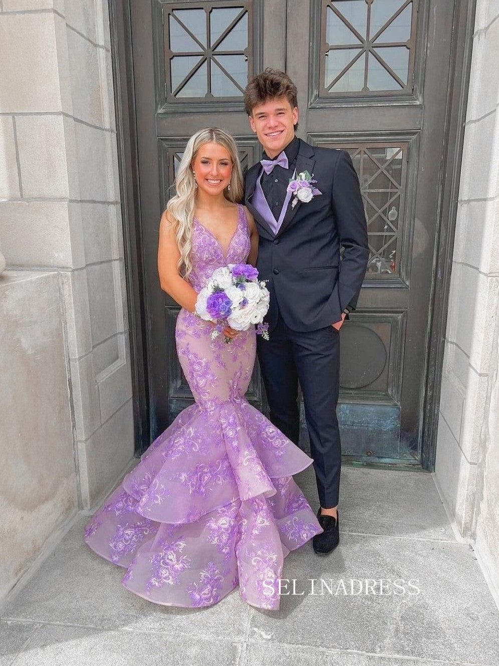 Chic Mermaid V neck Lace Long Prom Dress Lilac Elegant Evening Dress # SELINADRESS Chic Mermaid V neck Lace Long Prom Dress Lilac Elegant Evening Dress # SELINADRESS