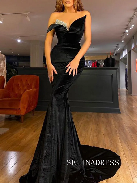 Chic Mermaid V neck Long Prom Dresses Black Elegant Evening Formal Gowns SEW0172|Selinadress