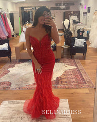 Chic Mermaid V neck Red Long Prom Dresses Elegant Beaded Evening Gowns CRN052|Selinadress