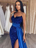 Chic Mermaid V neck Royal Blue Long Prom Dresses Glitter Sequins Evening Dress sew0206|Selinadress