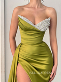 Chic Mermaid V neck Sage Long Evening Gowns Elegant Beaded Long Split Evening Dress SEW0170|Selinadress