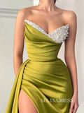 Chic Mermaid V neck Sage Long Evening Gowns Elegant Beaded Long Split Evening Dress SEW0170|Selinadress