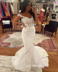 Chic Mermaid White Long Prom Dresses Elegant Lace Evening Gowns CRN035|Selinadress