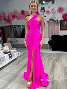Chic Mermiad One Shoulder Long Prom Dresses Elegant Fuchsia Evening Dress lpk141|Selinadress