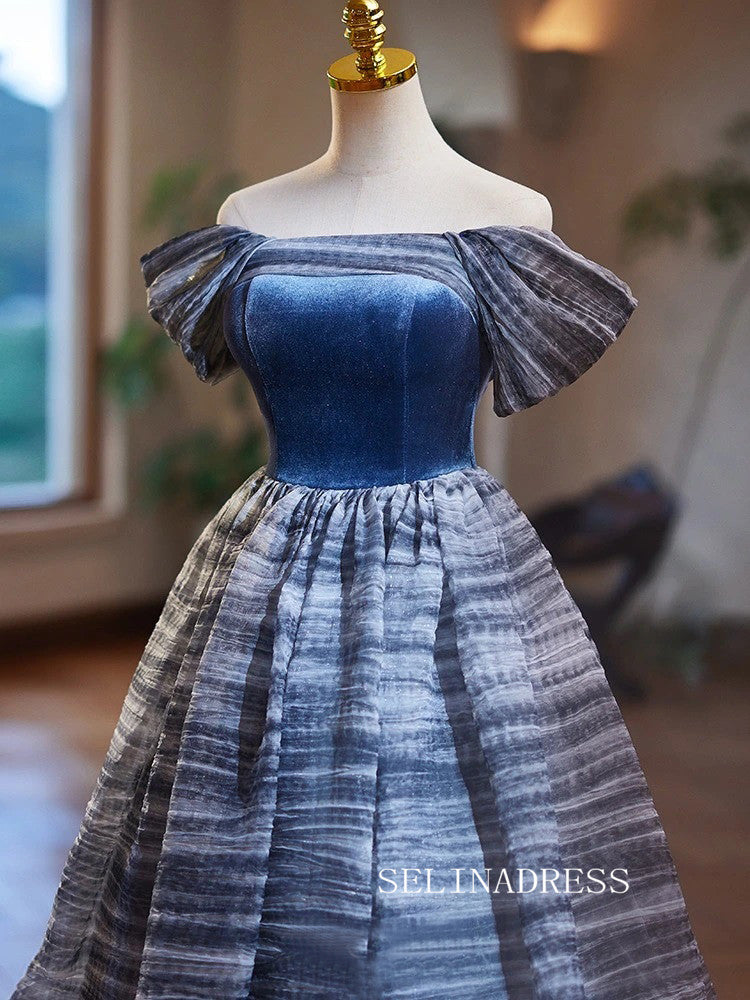 Chic Ocean Blue Long Prom Dresses Ball Gown Short Sleeve Formal Dresse SELINADRESS Chic Ocean Blue Long Prom Dresses Ball Gown Short Sleeve Formal Dresse SELINADRESS