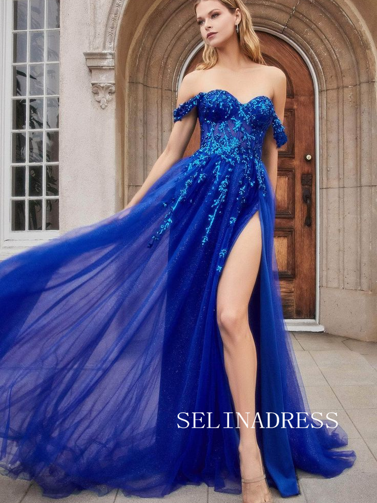 Chic Off-the-shoulder Beaded Long Prom Dresses Modest Royal Blue Forma SELINADRESS Chic Off-the-shoulder Beaded Long Prom Dresses Modest Royal Blue Forma SELINADRESS