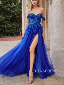 Chic Off-the-shoulder Beaded Long Prom Dresses Modest Royal Blue Formal Dresses TKH021|Selinadress