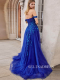 Chic Off-the-shoulder Beaded Long Prom Dresses Modest Royal Blue Formal Dresses TKH021|Selinadress