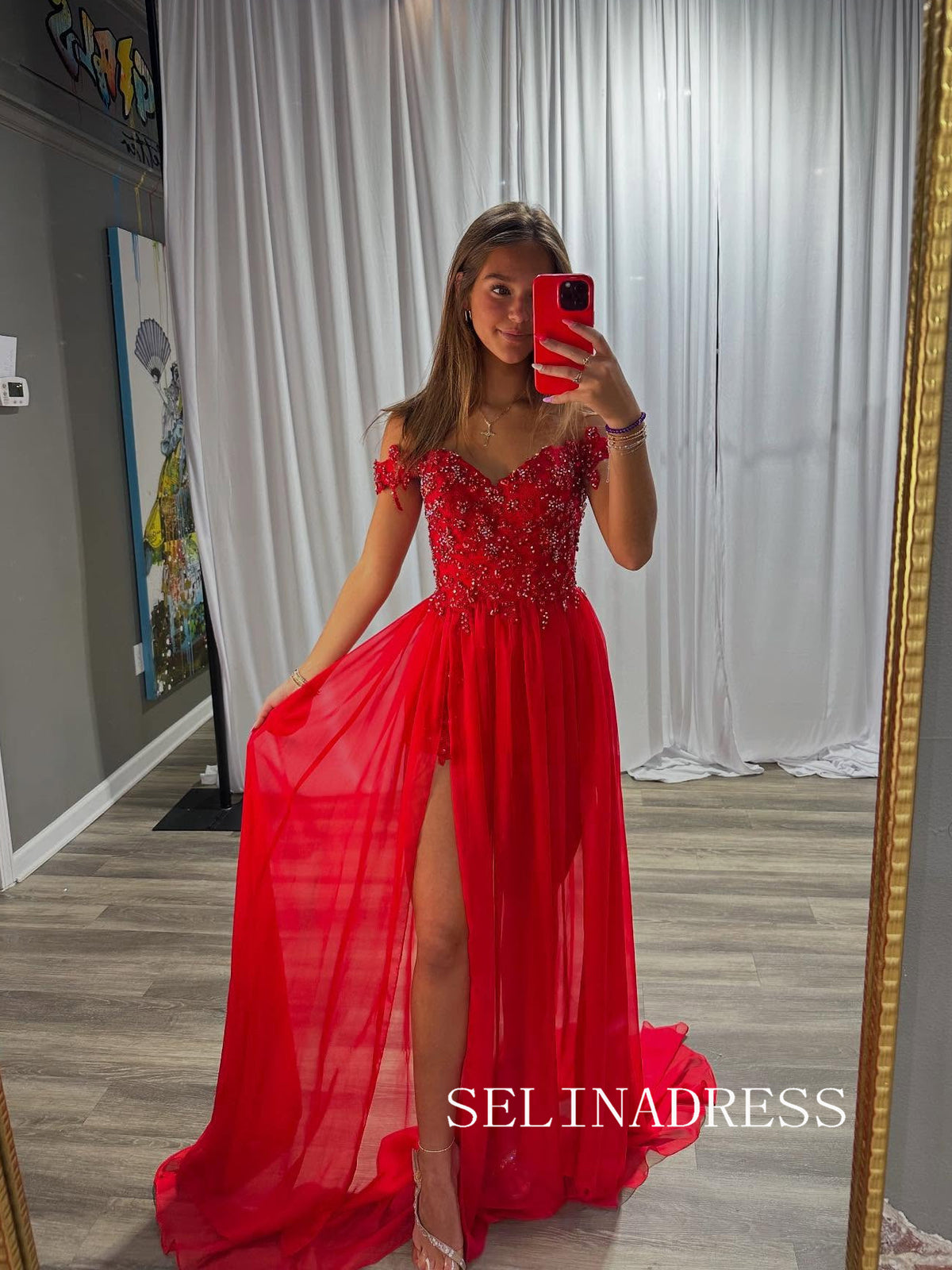 Chic Off-the-shoulder Red Long Prom Dresses Elegant Beaded Long Formal Gowns SEA022|Selinadress