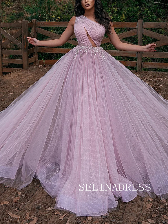 Chic One Shoulder Cheap Prom Dresses Modest Pink Tulle Long Evening Dress TKH010|Selinadress